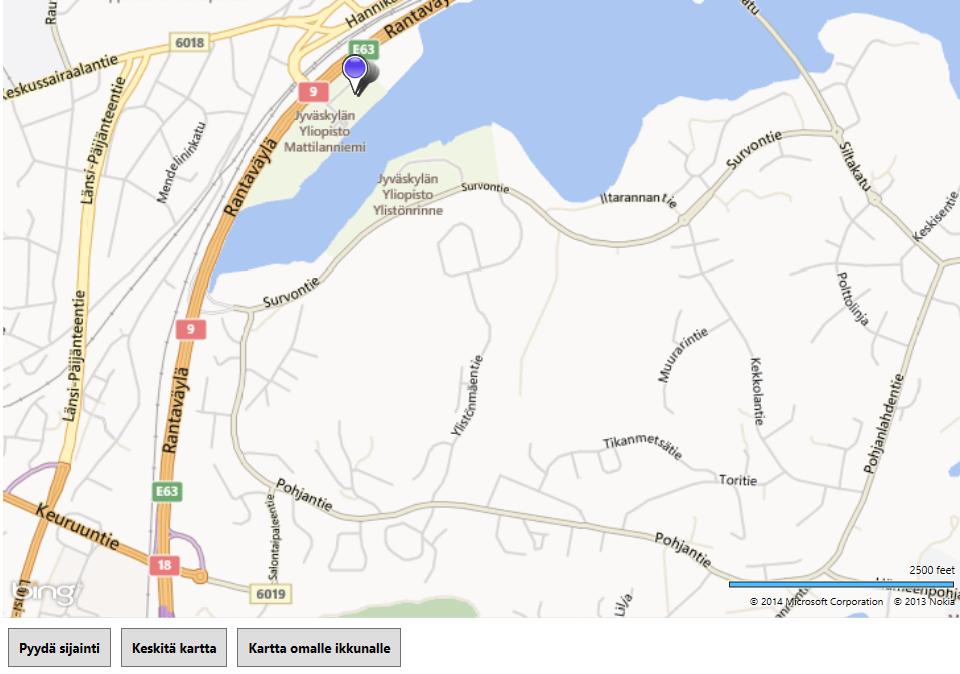 5.5 Karttanäkymä Hätäkeskusohjelman karttanäkymä on esitetty kuvassa 5.5. Karttana käytetään Microsoftin Bing-karttaa, ja tehtävät esitetään kartalla erivärisinä pinneinä.