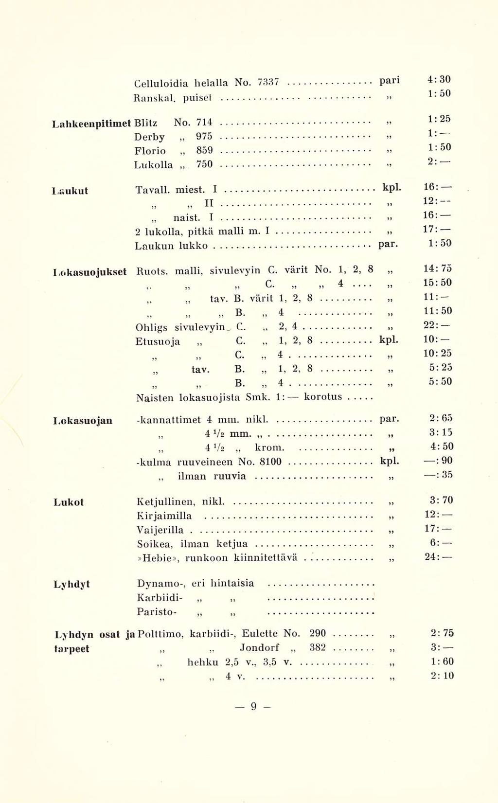 naisi. 4 4'/ ilman hehku 975 859 750 tav. G. ~ Jondorf 4 9 2, 1, 4 1, 4 382 2: Celluloidia helalla No. 7337 pari 4.30 Ranskal. puiset 1: Lahkeenpllimet Blitz No. 714 Derby Florio 1.