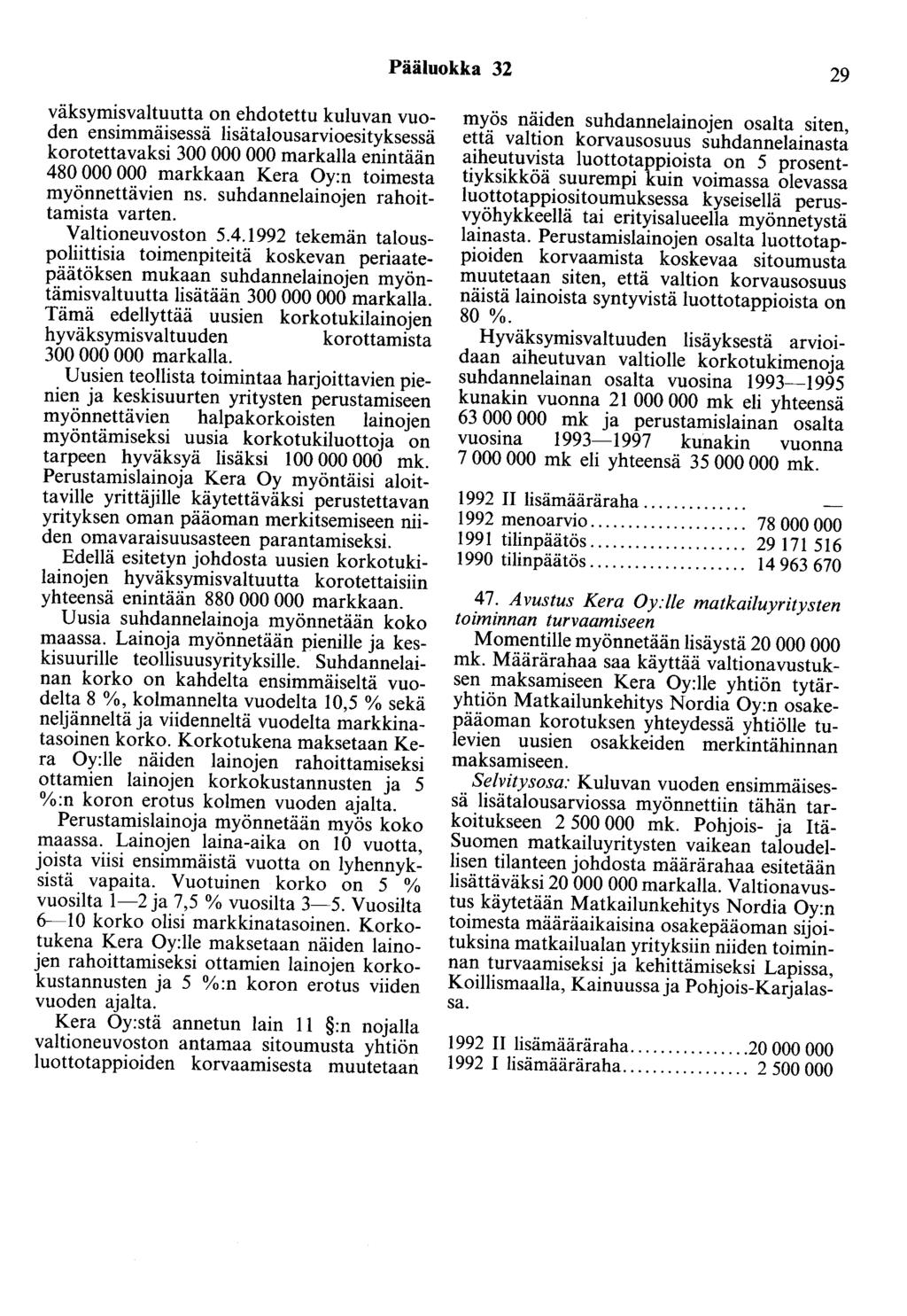 Pääluokka 32 29 väksymisvaltuutta on ehdotettu kuluvan vuoden ensimmäisessä lisätalousarvioesityksessä korotettavaksi 300 000 000 markalla enintään 480 000 000 markkaan Kera Oy:n toimesta