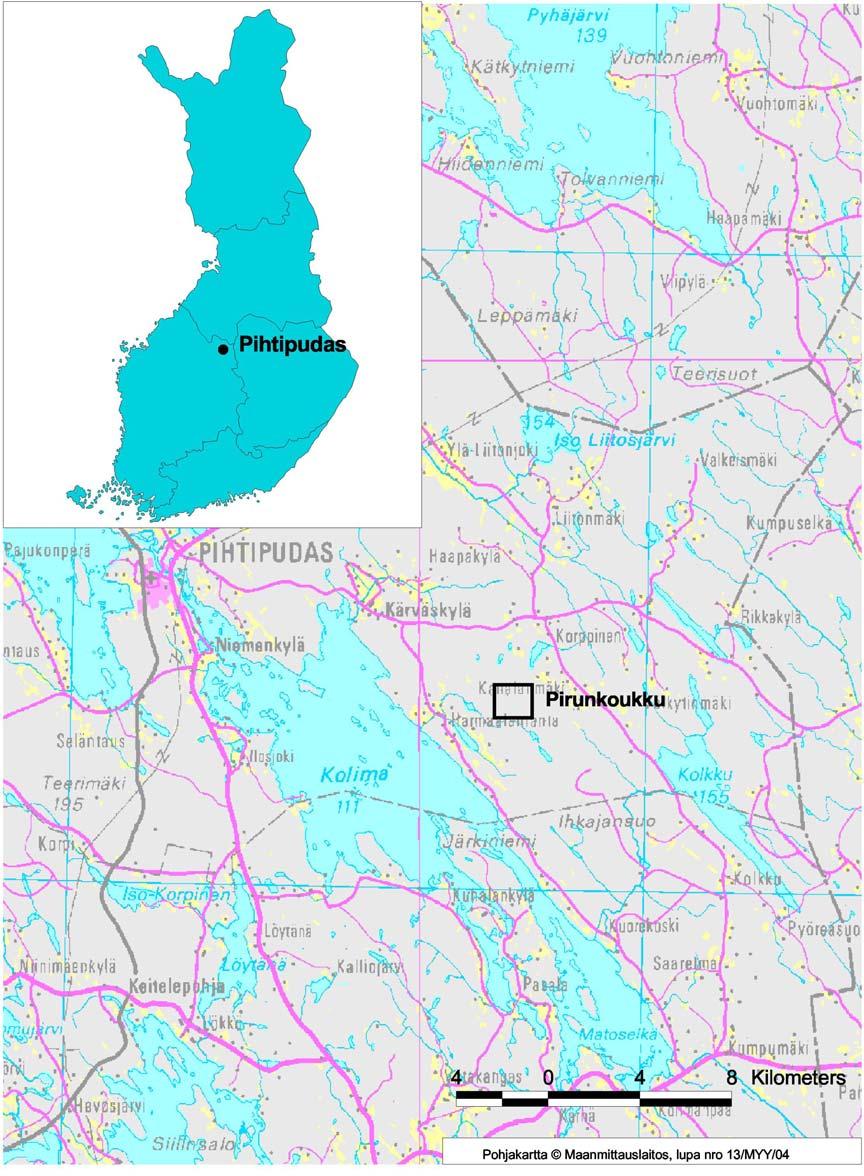 Kuva 1. Pihtiputaan Pirunkoukun tutkimusalueen sijainti.