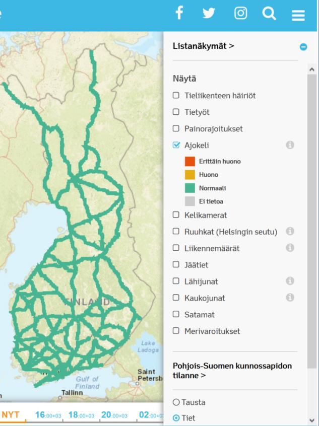 Tiejaksokelien peruspalvelut liikkujille Lähtötietojen perusteella automaattisesti tuotettua tietoa tiejaksojen nykyisestä ja ennustetusta kelistä tienkäyttäjille (lisätietoa myös ammattikäyttäjille)