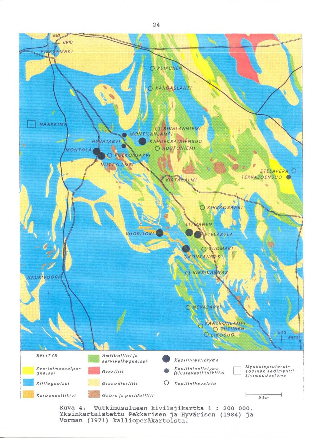 Kuva 4. Tutkimusalueen kivilajikartta 1 : 200 000.