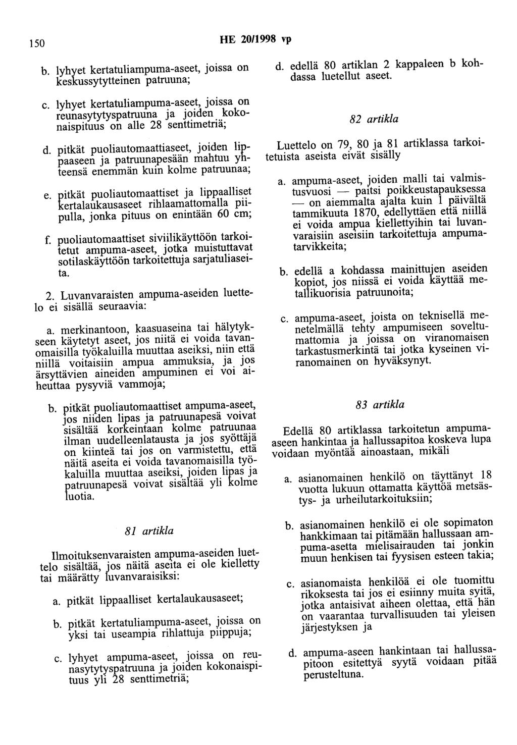 150 HE 20/1998 vp b. lyhyet kertatuliampuma-aseet, joissa on keskussytytteinen patruuna; c.