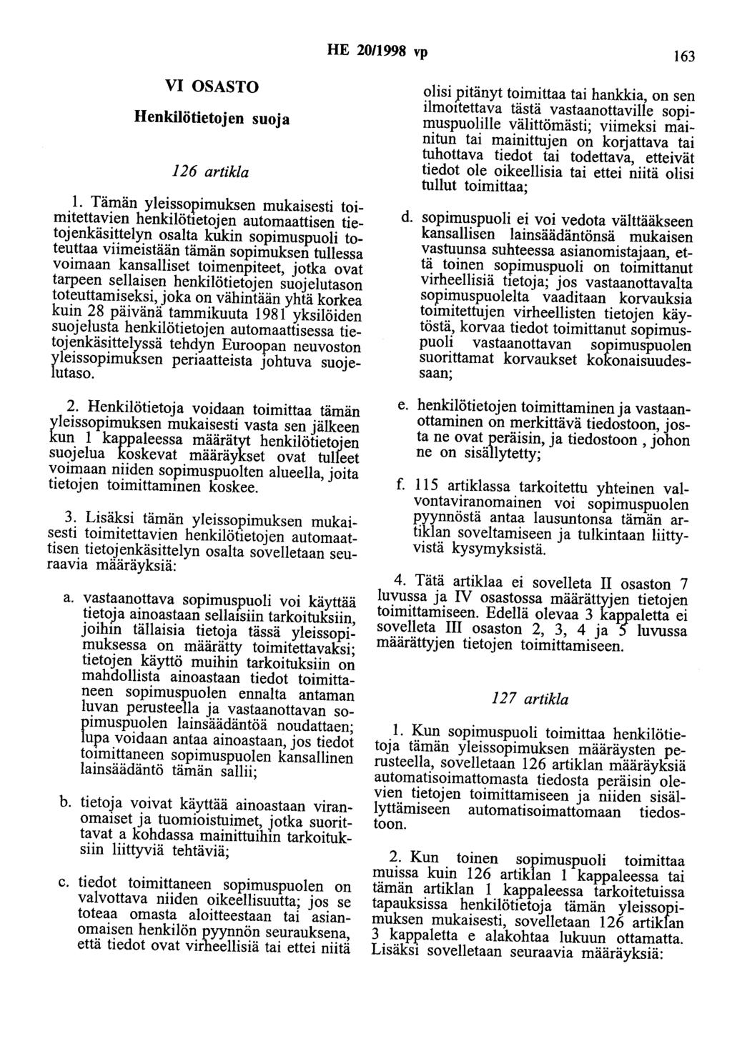 HE 2011998 vp 163 VI OSASTO Henkilötietojen suoja 126 artikla 1.
