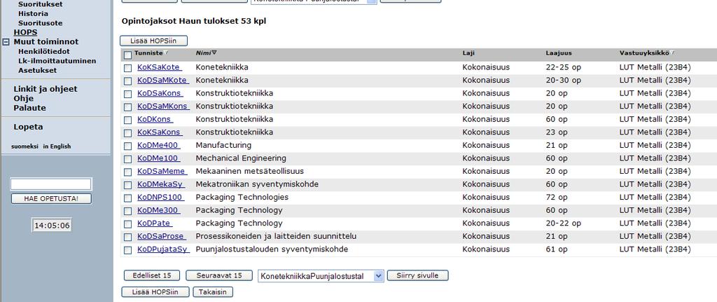 Energiatekniikan koulutusohjelma 9 Kuva 12 5. Valitse luettelosta haluamasi sivuaine.