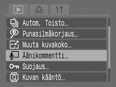 136 Toistaminen/Poistaminen Äänikommenttien liittäminen kuviin Toistotilassa voit liittää kuvaan enintään 1 minuutin pituisia äänikommentteja. Äänitiedosto tallentuu WAVE-muodossa.