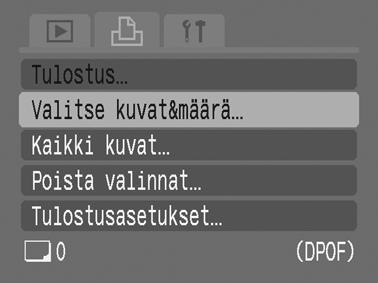 Tulostusasetukset/siirtoasetukset 139 Tulostusasetukset/siirtoasetukset DPOF-tulostusasetusten valitseminen Voit valita muistikortilta tulostettavat kuvat ja määrittää tulosteiden määrän etukäteen