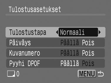 sivulle. Tulostaa valitut kuvat pienennettyinä luetteloarkiksi. Tulostaa kuvat sekä normaalikokoisina että luettelona. Lisää tulosteeseen päivämäärän. Lisää tulosteeseen kuvanumeron.