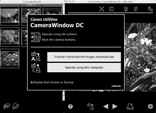28 Kuvien lataaminen tietokoneeseen Aloittaminen Macintosh Kun kameran ja tietokoneen välinen tiedonsiirtoyhteys on muodostettu, näyttöön tulee CameraWindow-valintataulu.