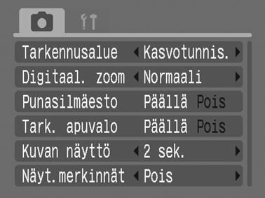 Perustoiminnot 43 -painike (Kuvaus-, Käyttö-, Tulostus-, ja Asetukset-valikot) Näiden valikoiden avulla voit määrittää mieleisesi kuvaus-, toisto- ja tulostusasetukset.