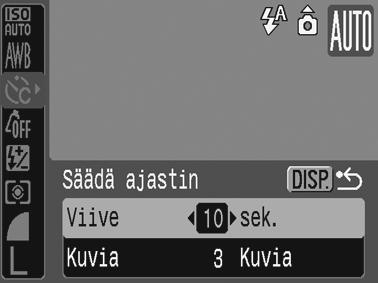 Usein käytetyt kuvaustoiminnot 67 Viiveen ja otosten määrän muuttaminen ( ) 1 Valitse. 1. Paina -painiketta. 2. Valitse - tai -painikkeella ja valitse - tai -painikkeella. 3. Paina -painiketta. 2 Hyväksy asetus.