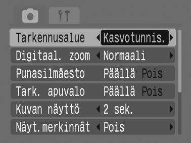 Kuvaustavat 91 2 Hyväksy asetus. 1. Valitse - tai -painikkeella [Kasvotunnis.], [AiAF], [Keskellä] tai [FlexiZone]. 2. Paina -painiketta. Tarkennusalueen koon muuttaminen (s.