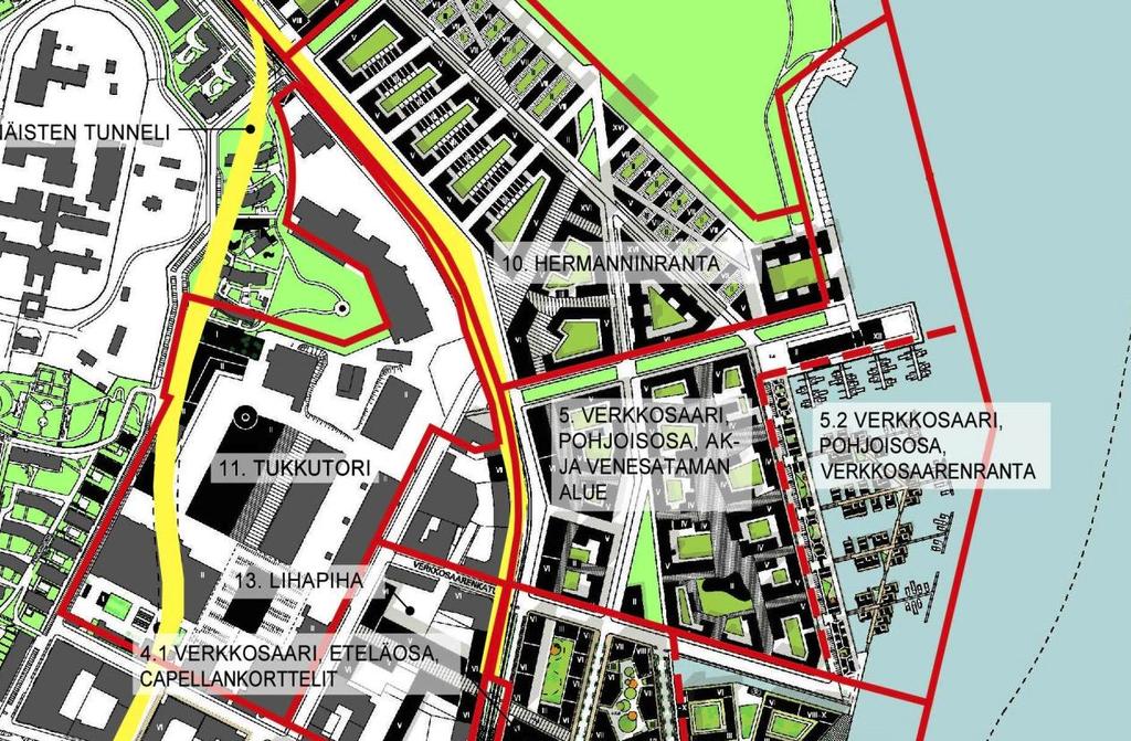 99 (108) Verkkosaaren pohjoisosan asemakaava-alueet sijaitsevat noin 1,5 kilometriä vesitaloushanke-alueesta pohjoiseen Vanhankaupunginlahden alueella.