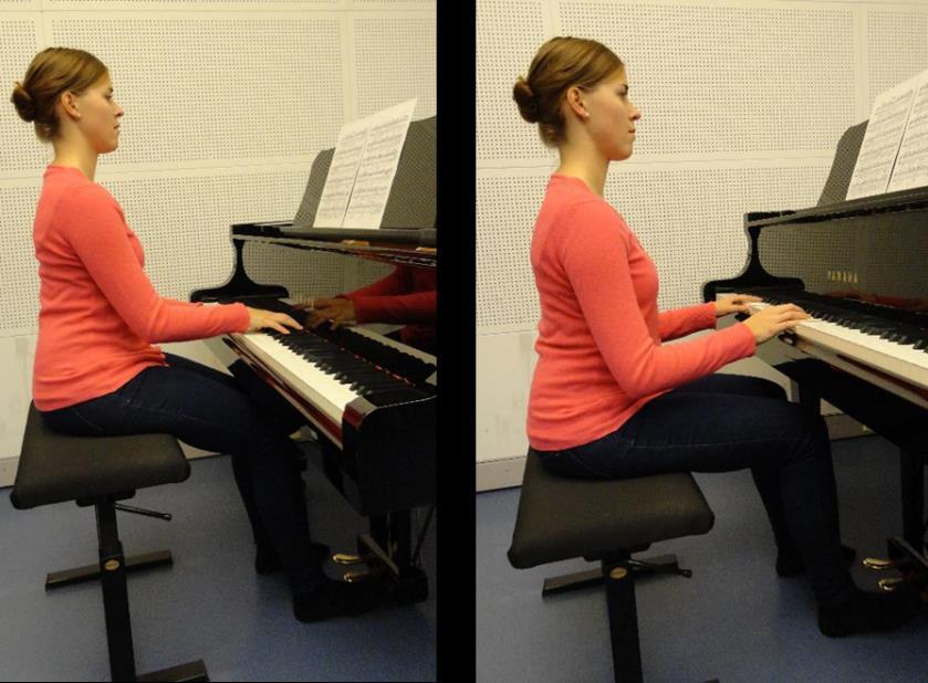 30 Seuraavissa kuvissa vasemmalla pianotuoli on liian korkealla ja oikealla liian matalalla. Väärälle korkeudelle säädetty pianotuoli vaikeuttaa erityisesti yläraajojen toimintaa.