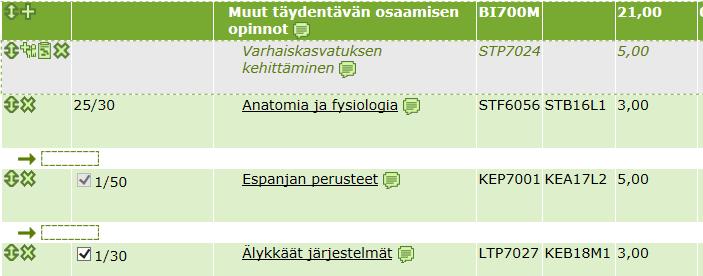 Tarkista tämän jälkeen, ettei ehopsin lopussa ole sijoittamattomia opintoja. Sijoittamattomat opinnot tulee siirtää pois tämän otsikon alta ja sijoittaa niille kuuluville kohdille.