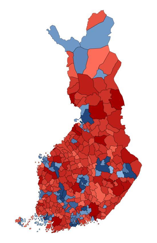 Väestönkehitys kunnittain vuosina 2010-2015 Luonnollinen väestönlisäys 2010-2015 Syntyneiden enemmyys Syntyneiden vähemmyys + 101 kuntaa - 212 kuntaa Kuntien välinen nettomuutto 2010-2015