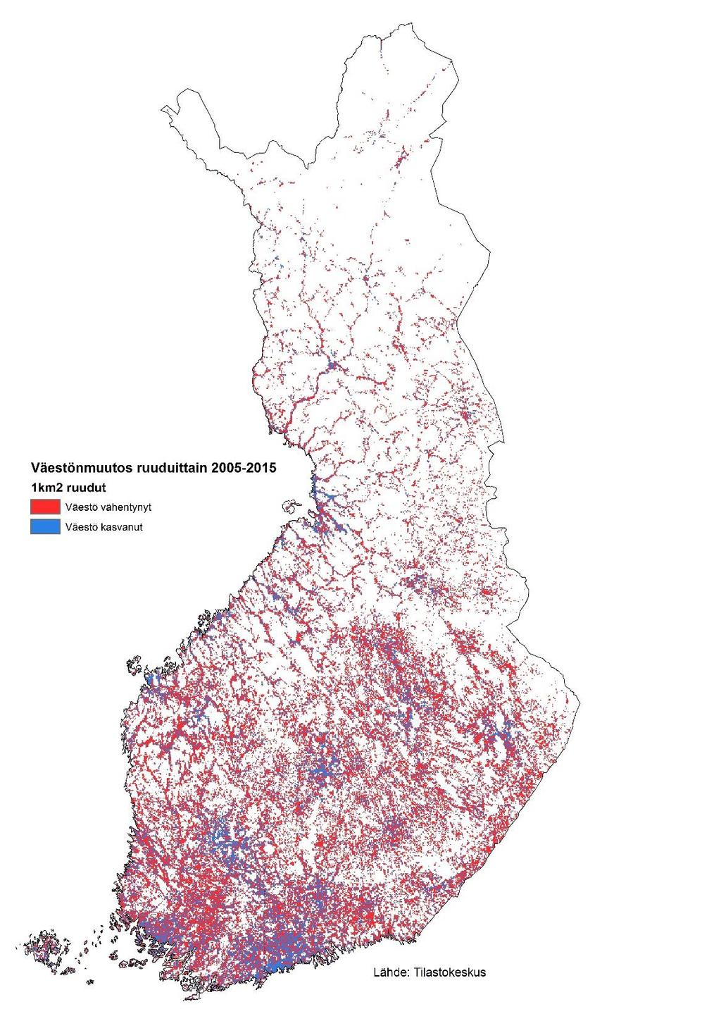 Väestömuutos 1 x 1 km ruuduissa vuosina 2005-2015 FAKTALAATIKKO Vakituisesti asuttuja 1x1 km ruutuja 88 390 eli jokaisessa ruudussa on asunut vähintään yksi asukas vakituisesti vuosina 2005-2015