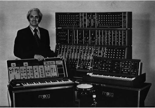 21 Kuvio 6. Robert (Bob) Moog 70-luvun puolivälissä yhdessä Sonic Six, Moog Modular ja Minimoog instrumenttien kanssa. (Veil 2014, 18.