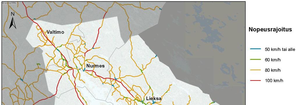 Kuva 14. Nopeusrajoitukset maantieverkolla. Joukkoliikenne Linja-autoliikenteen pikavuorot Joensuusta Ouluun pysähtyvät Juuassa, Nurmeksessa ja Valtimolla sekä kerran päivässä Lieksassa.