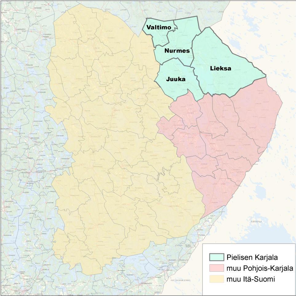 Nykytila Suunnittelualue Suunnittelualueena olevat Pielisen Karjalan kunnat Juuka, Lieksa, Nurmes ja Valtimo sijaitsevat Pohjois- Karjalan maakunnassa (kuva 2).