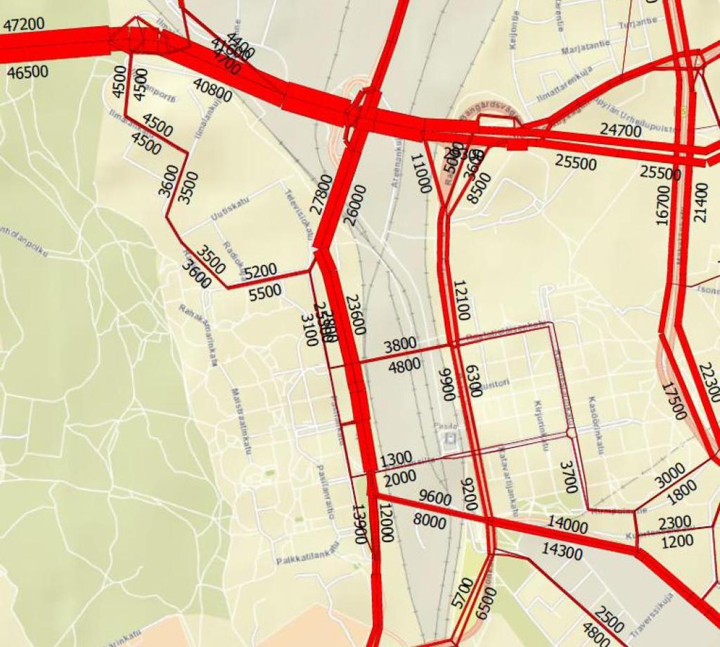 Arkivuorokausiliikenne 2035 Keskimääräinen arkivuorokausiliikenne (KAVL) vuonna 2035. Lähde: Hksv.