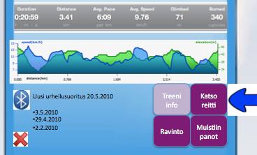 siihen automaattisesti bluetooth-yhteyden avulla. Tiina tarkastelee urheilusuorituksensa tietoja.