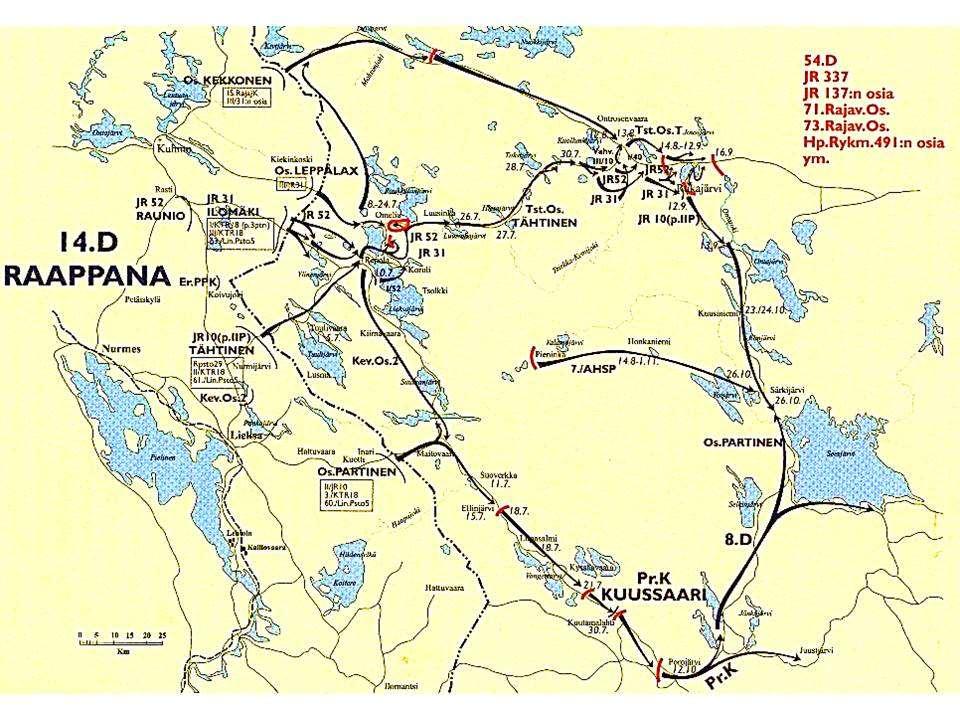 14.DIVISIOONAN YLEISHYÖKKÄYS Eversti Raappana muodosti seuraavat hyökkäysosastot: - Osasto Partinen (II/JR10, 2.KKK/JR52, TykK/JR52, 3/KTR18 ja 62.