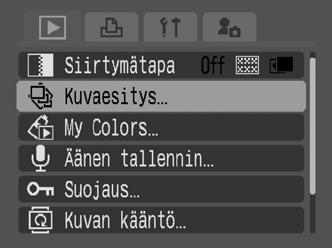 Lisätietoja äänen numerosta ja kansion numerosta on Ohjelmiston aloitusoppaassa. Automaattinen katselu (Kuvaesitykset) Kaikki muistikortille tallennetut kuvat voidaan näyttää automaattisesti.