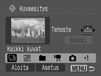 Kuvaesitysten lajit - Kaikki kuvat Päiväys Kansiot Videot Stillkuvat Asetus 1 3 Näyttää kaikki muistikortille tallennetut kuvat järjestyksessä.