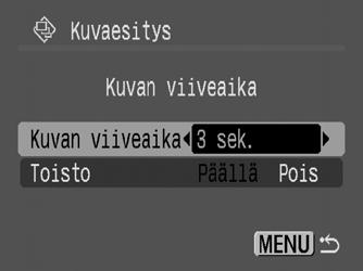 Viiveaika- ja toistoasetusten määrittäminen Kuvan viiveaika Määrittää, kuinka kauan kukin kuva näkyy. Vaihtoehdot ovat 3 * 10 sekuntia, 15 sekuntia ja 30 sekuntia.