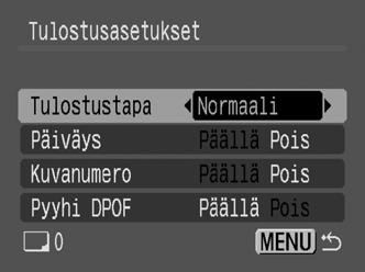 Molemmat Päiväys (Päällä/Pois * ) Lisää tulosteeseen päivämäärän. Tied. No. (Päällä/Pois * ) Lisää tulosteeseen kuvanumeron.