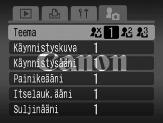 Minun kamerani -asetusten muuttaminen 1 -tila (Minun kamerani) -valikko Valikkovaihtoehto Katso Valikot ja asetukset (s. 27) 2 Valitse määritettävät kohteet - tai -painikkeen avulla.