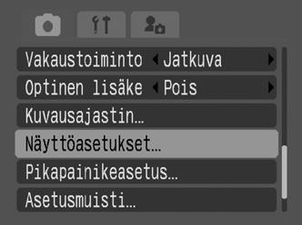 Nestekidenäytön ja etsimen asetukset säilyvät, vaikka kameran virta katkaistaan. Nestekidenäyttö ei näytä lisätietoja, jos on valittu luettelokuvan toistotila (s. 93).