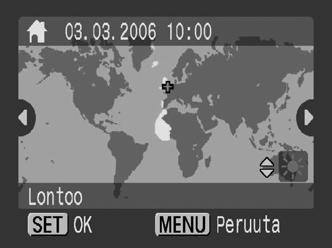 27) 2 (Koti) SET-painike. 3 Valitse - tai -painikkeella kotiaikavyöhyke kartasta SET-painike.