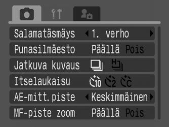 Kuvausvalikko-, Käyttövalikko-, Tulostusvalikko-, Asetukset- ja Minun kamerani -valikot Näistä valikoista voidaan valita hyödyllisiä asetuksia kuvausta, toistoa tai tulostusta varten.