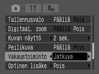 Kuvanvakaintoiminnon asetukset Kuvaustila Kuvanvakaintoiminnon avulla voit vähentää kameran tärähtelyä (epätarkkoja kuvia) kuvatessasi kaukaisia kohteita suurennettuina tai kuvatessasi pimeässä.