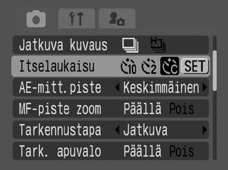 Viiveen ja otosten määrän muuttaminen ( ) Voit muuttaa viiveaikaa (0 10, 15, 20, 30 sekuntia) ja otettavien kuvien määrää (1 10).