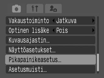 Toiminnon rekisteröiminen 1 (Kuvaus) -valikko [Pikapainikeasetus]. Katso Valikot ja asetukset (s. 27) 2 Valitse rekisteröitävä toiminto -, -, - tai -painikkeella paina SET-painiketta.