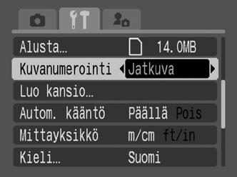 Kuvanumeron muuttaminen Kuvaustila Toistotila Kamera numeroi ottamasi kuvat automaattisesti. Voit valita, miten kuvanumero määritetään. 1 (Asetukset) -valikko [Kuvanumerointi] [Jatkuva] *1 / [Aut.