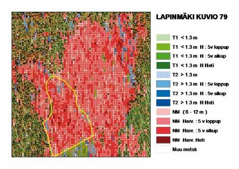 Laskenta-algoritmi on kuvattu tarkemmin tämän raportin luvussa Taimikon tai nuoren metsän hoitotarpeen tunnistaminen paikkatietoon sidottuna.