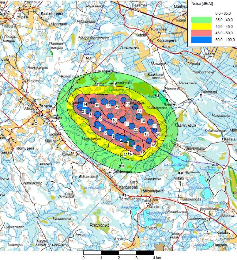 4.2.1 Toteutusvaihtoehto VE1 Tuulipuiston aiheuttamat äänenpainetasot vaihtoehdossa VE1 on esitetty vyöhykkeinä kartalla kuvassa 8.