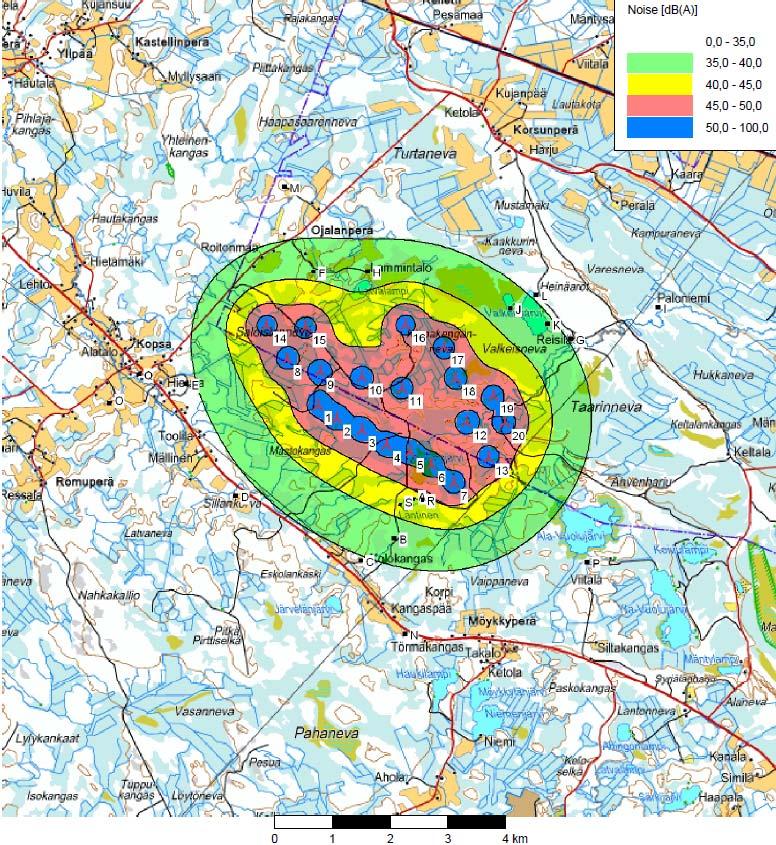 19 Kuva 10. Mastokankaan tuulivoimapuiston meluvyöhykkeet vaihtoehdossa VE2. Tuulivoimaloiden välittömässä läheisyydessä äänenpainetaso on noin 50 db.