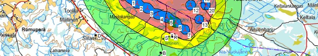 7.485 DECIBEL - Map 8,0 m/s Calculation: Mastokangas YVA, VE2 - Gamesa 128, 140m hh, 8 m/s Noise [db(a)] 0,0-35,0 35,0-40,0 40,0-45,0 45,0-50,0 50,0-100,0 0 1 2 3 4 km Map: Mastokangas 80000, Print