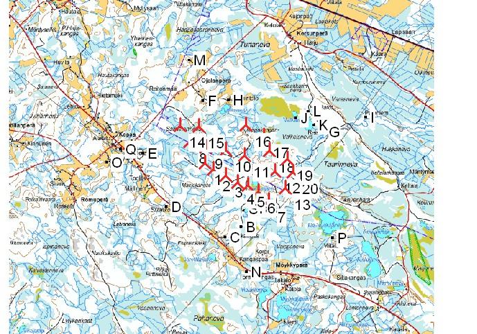 Project: Mastokangas FINAL Description: Mastokangas EIA DECIBEL - Main Result Calculation: Mastokangas YVA, VE2 - Gamesa 128, 140m hh, 8 m/s Noise calculation model: ISO 9613-2 General Wind speed: