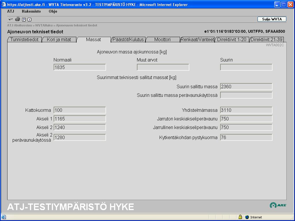 Siirry eteenpäin painamalla Massat. Kuva 11 Ikkuna WVTA002A 9.