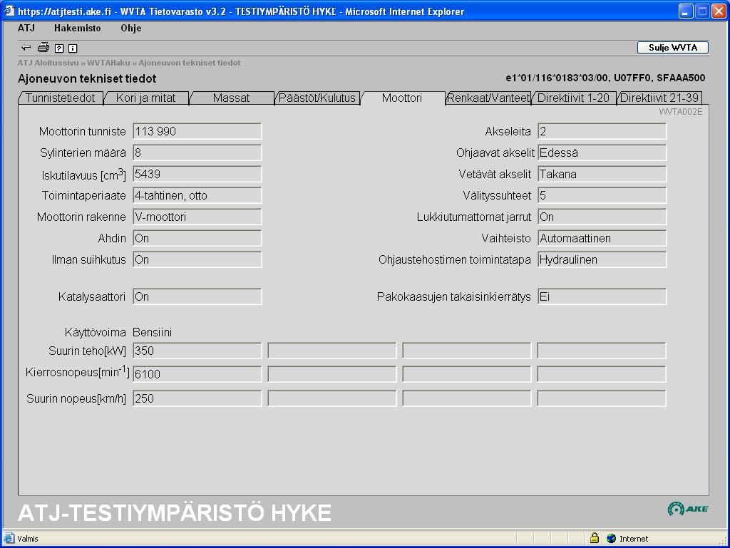 Siirry eteenpäin painamalla Moottori. Kuva 13 Ikkuna WVTA002A 11.