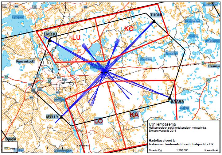 137(152) Kuvassa Utin lentoaseman lähialue (CTR) mustalla ja helikoptereiden harjoitusalueet punaisella (Utin lentoasema, helikoptereiden ja lentokoneiden meluselvitys, ennuste 2014, liitekartta 4)
