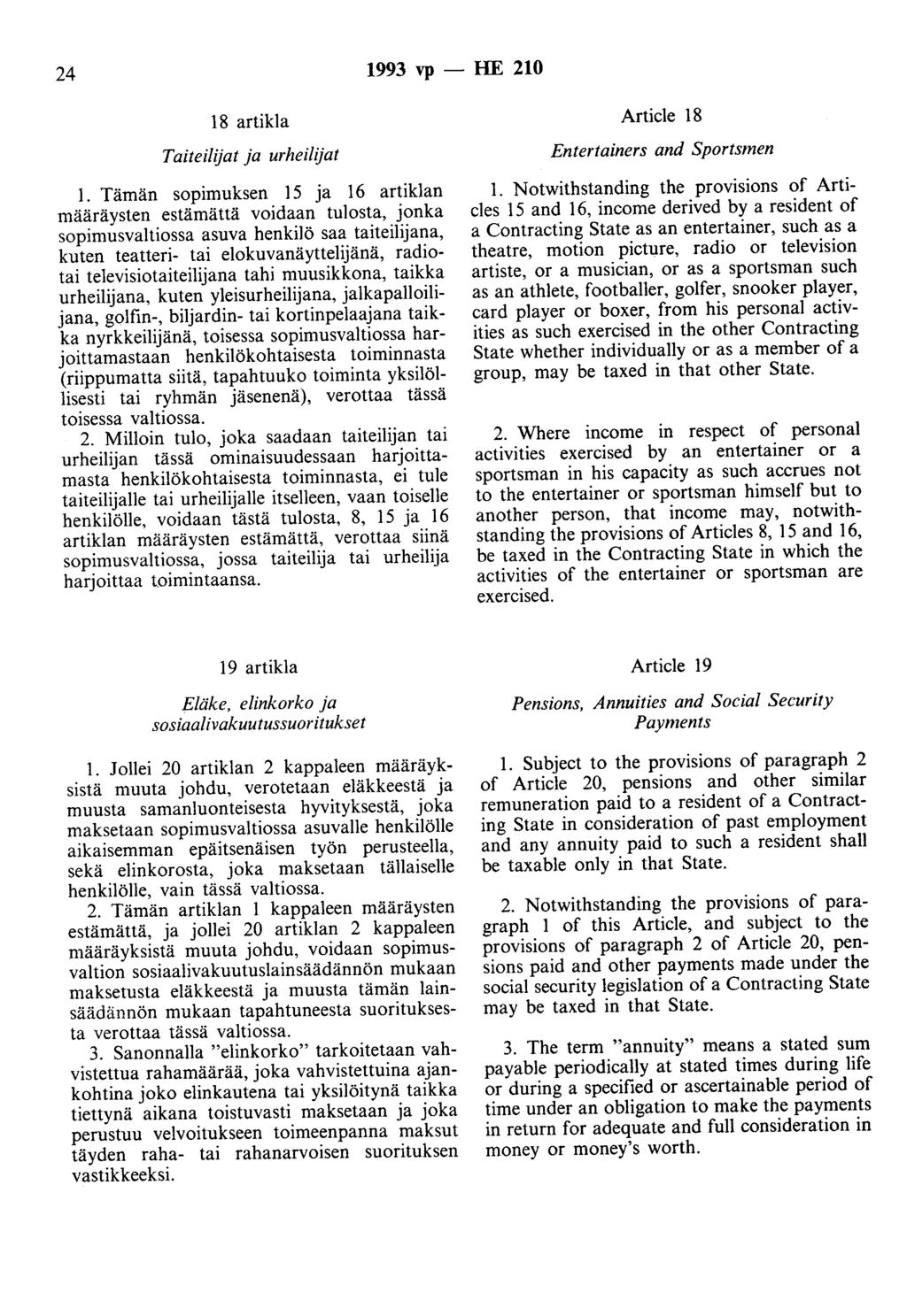 24 1993 vp -- lie 210 18 artikla Article 18 Taiteilijat ja urheilijat Entertainers and Sportsmen 1.