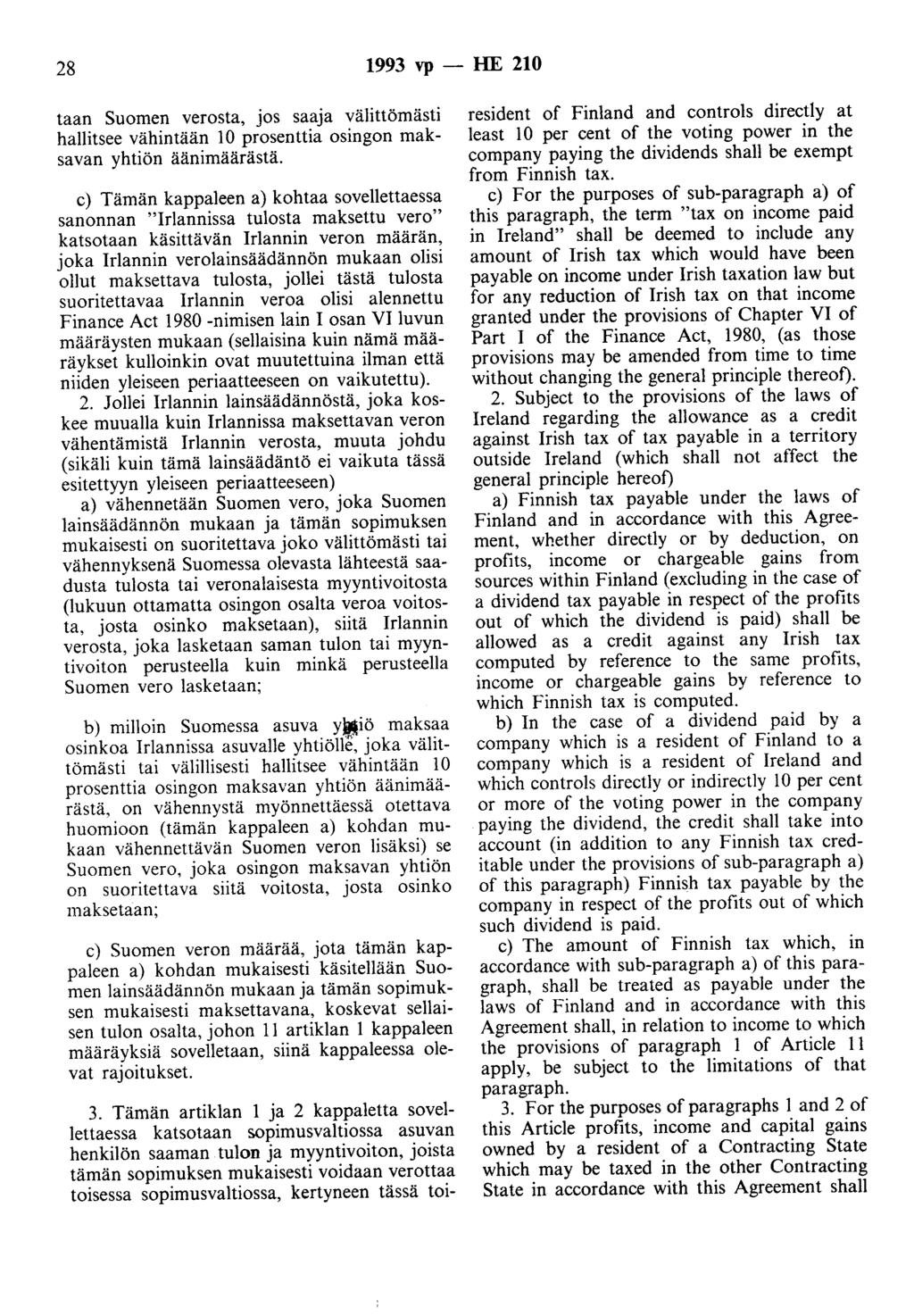 28 1993 vp -- IrE 210 taan Suomen verosta, jos saaja välittömästi hallitsee vähintään 10 prosenttia osingon maksavan yhtiön äänimäärästä.