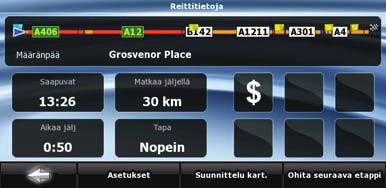 Näytön yläosassa näkyy tietoja nykyisestä reitistä. Tämän näytön kenttiä päivitetään jatkuvasti kun näyttö on avoimena.